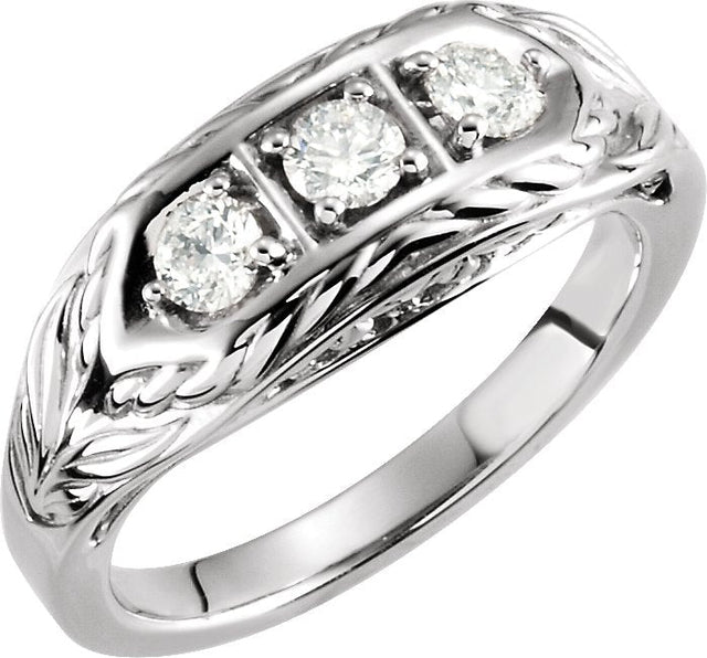 14K Gold Round Natural Diamond Three-Stone Leaf Ring - White Gold