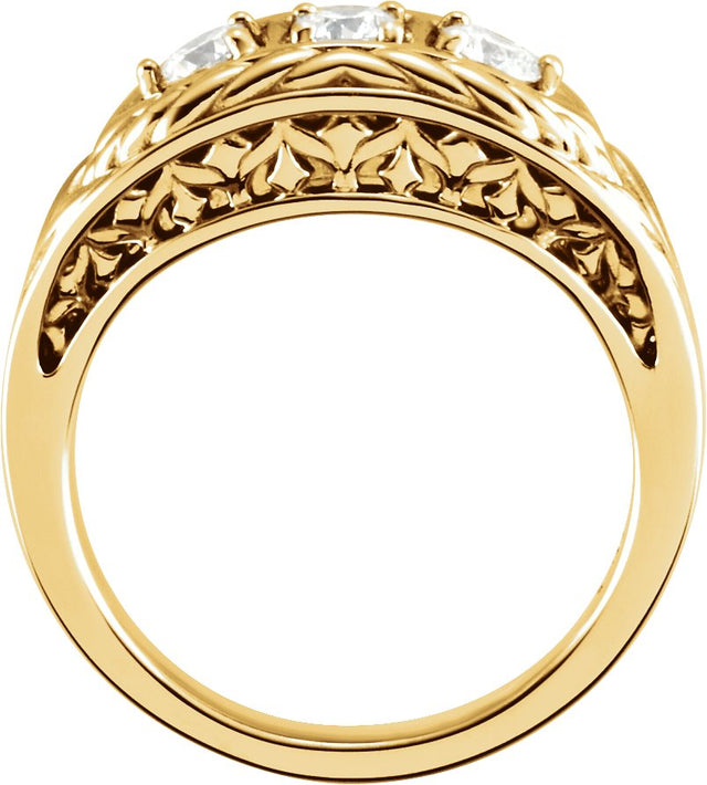 14K Gold Round Natural Diamond Three-Stone Leaf Ring - Yellow Gold - view 2