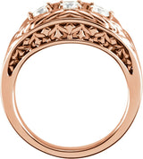 14K Gold Round Natural Diamond Three-Stone Leaf Ring - Rose Gold - view 2
