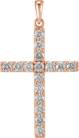 14K Gold Round Natural Diamond Accented Cross Necklace or Pendant - Rose Gold