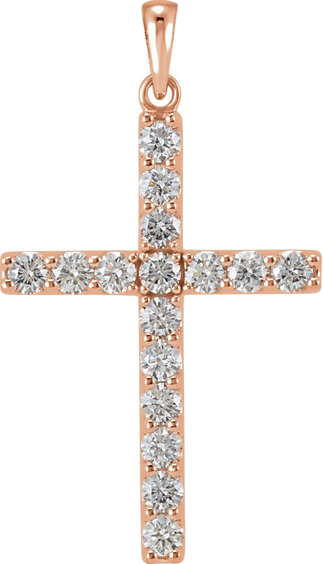 14K Gold Round Natural Diamond Accented Cross Necklace or Pendant - Rose Gold
