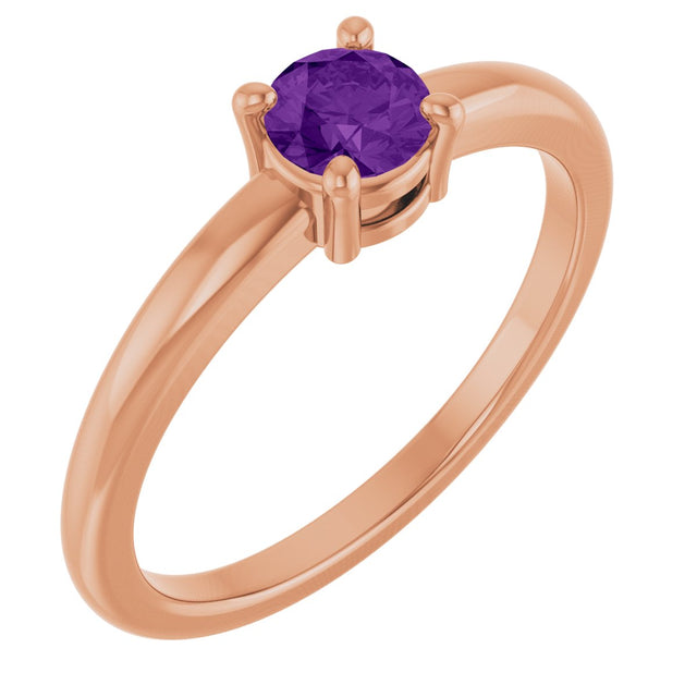 14K Gold Round Natural Amethyst Solitaire Ring - Rose Gold