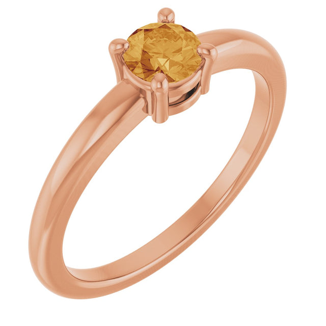 14K Gold Round Natural Citrine Solitaire Ring - Rose Gold