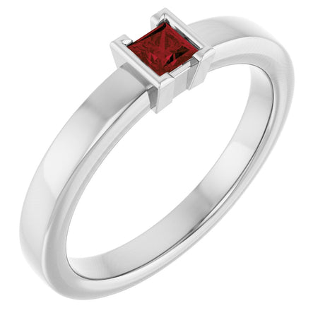 14K Gold Emerald Natural Mozambique Garnet Half-Bezel Family Stackable Ring - White Gold