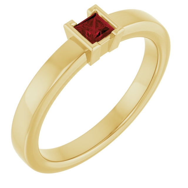 14K Gold Emerald Natural Mozambique Garnet Half-Bezel Family Stackable Ring - Yellow Gold