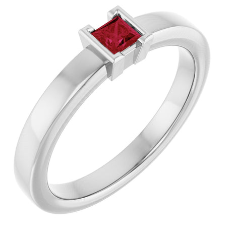 14K Gold Emerald Lab-Grown Ruby Half-Bezel Family Stackable Ring - White Gold