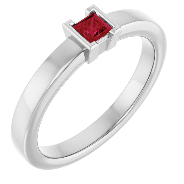 14K Gold Emerald Lab-Grown Ruby Half-Bezel Family Stackable Ring - White Gold