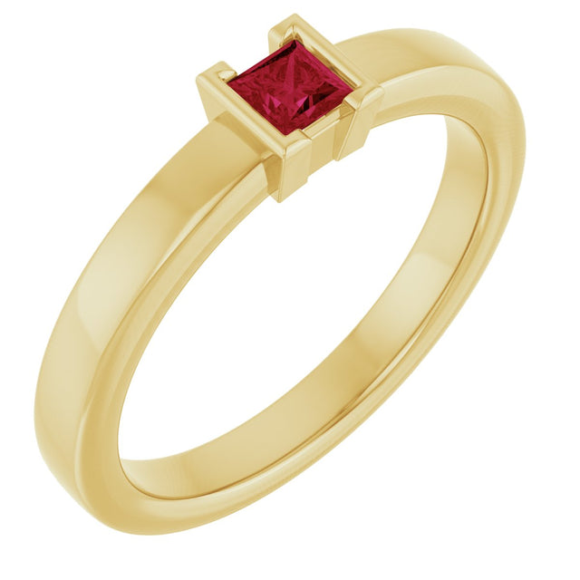 14K Gold Emerald Natural Ruby Half-Bezel Family Stackable Ring - Yellow Gold