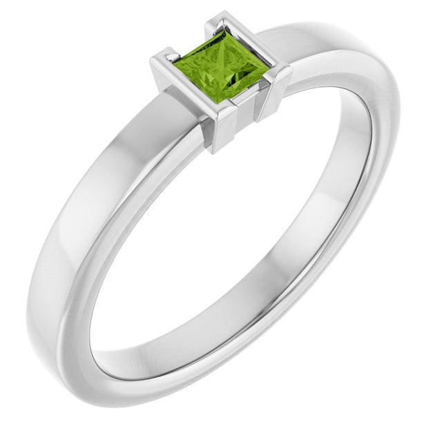 14K Gold Emerald Natural Peridot Half-Bezel Family Stackable Ring - White Gold