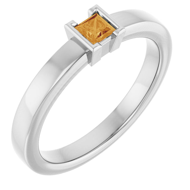 14K Gold Emerald Natural Citrine Half-Bezel Family Stackable Ring - White Gold