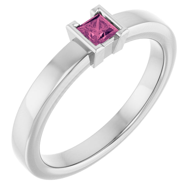14K Gold Emerald Natural Pink Tourmaline Half-Bezel Family Stackable Ring - White Gold