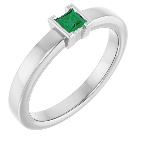 14K Gold Emerald Natural Emerald Half-Bezel Family Stackable Ring - White Gold