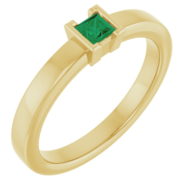 14K Gold Emerald Natural Emerald Half-Bezel Family Stackable Ring - Yellow Gold