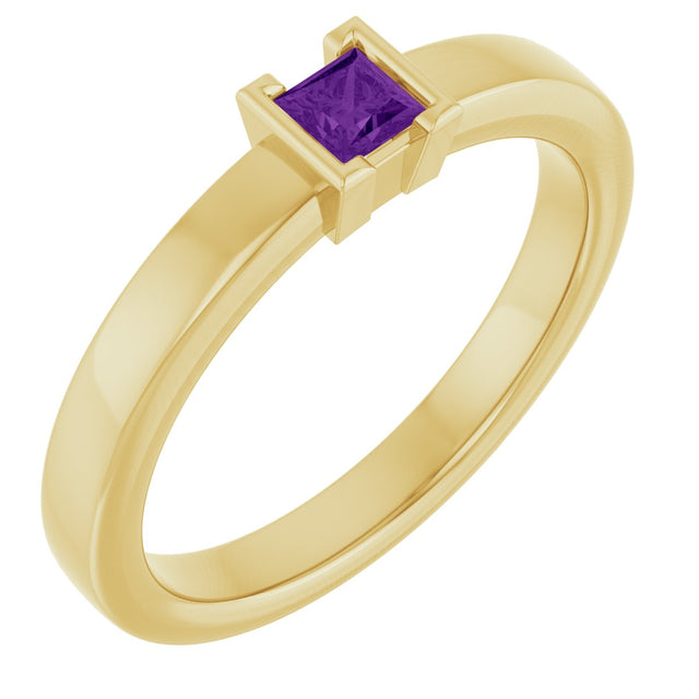 14K Gold Emerald Natural Amethyst Half-Bezel Family Stackable Ring - Yellow Gold
