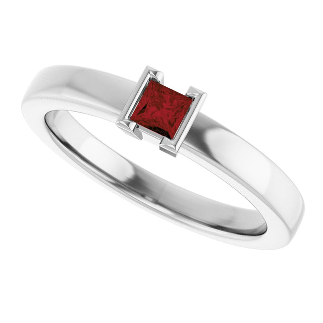 14K Gold Emerald Natural Mozambique Garnet Half-Bezel Family Stackable Ring - White Gold - view 5