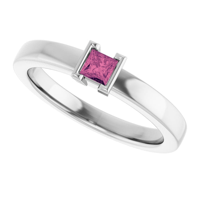 14K Gold Emerald Natural Pink Tourmaline Half-Bezel Family Stackable Ring - White Gold - view 5