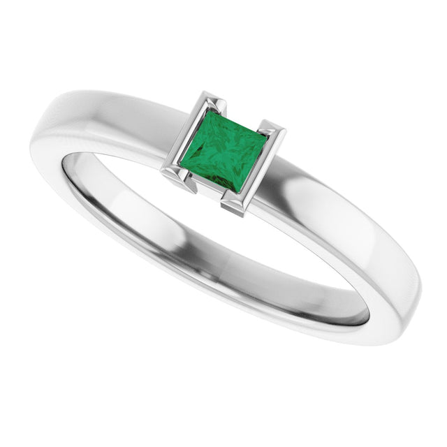 14K Gold Emerald Lab-Grown Emerald Half-Bezel Family Stackable Ring - White Gold - view 5