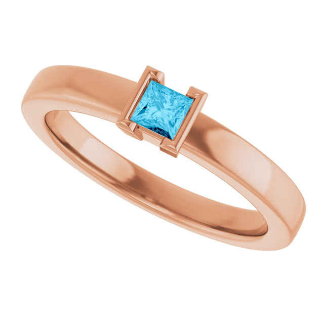 14K Gold Emerald Natural Aquamarine Half-Bezel Family Stackable Ring - Rose Gold - view 5
