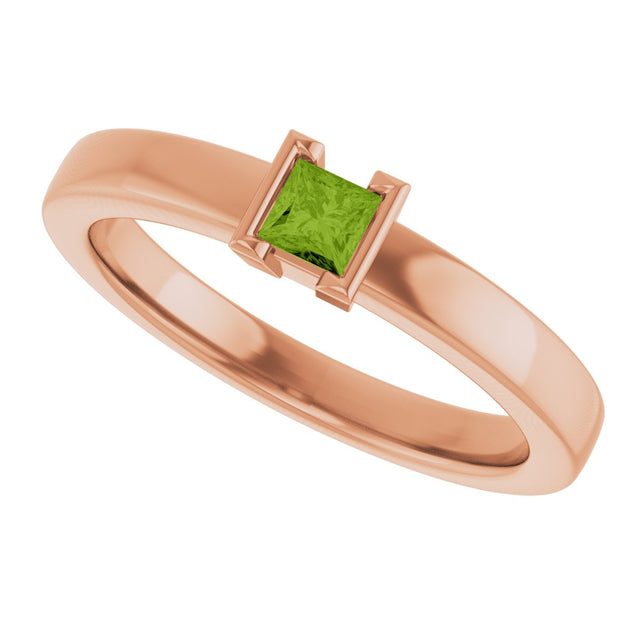 14K Gold Emerald Natural Peridot Half-Bezel Family Stackable Ring - Rose Gold - view 5