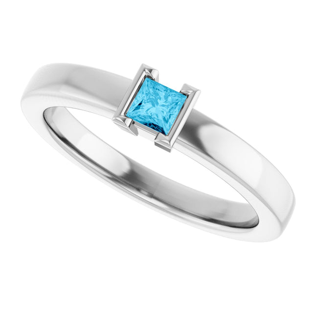14K Gold Emerald Natural Aquamarine Half-Bezel Family Stackable Ring - White Gold - view 5