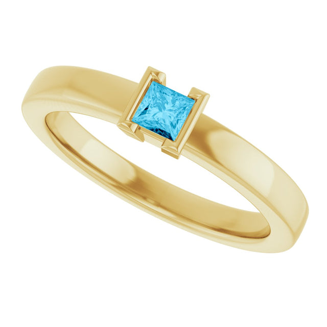 14K Gold Emerald Natural Aquamarine Half-Bezel Family Stackable Ring - Yellow Gold - view 5