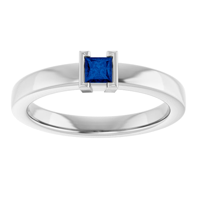 14K Gold Emerald Lab-Grown Blue Sapphire Half-Bezel Family Stackable Ring - White Gold - view 3