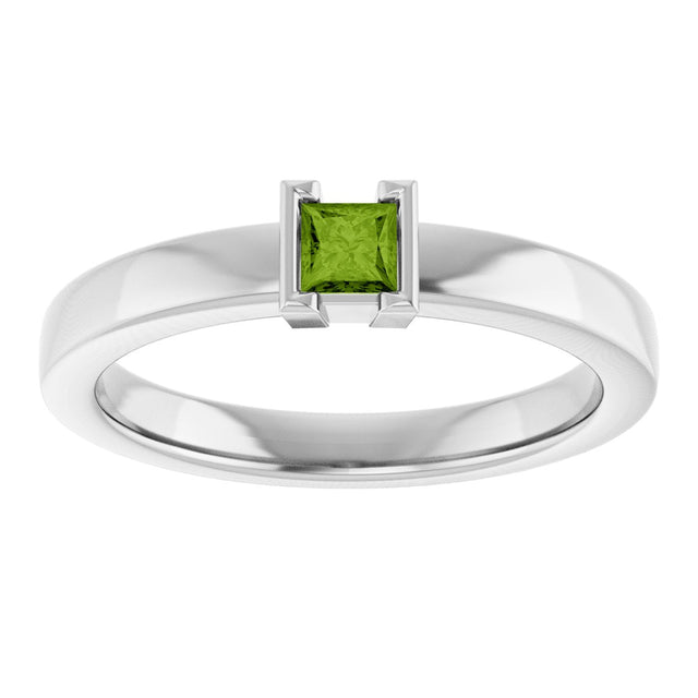 14K Gold Emerald Natural Peridot Half-Bezel Family Stackable Ring - White Gold - view 3