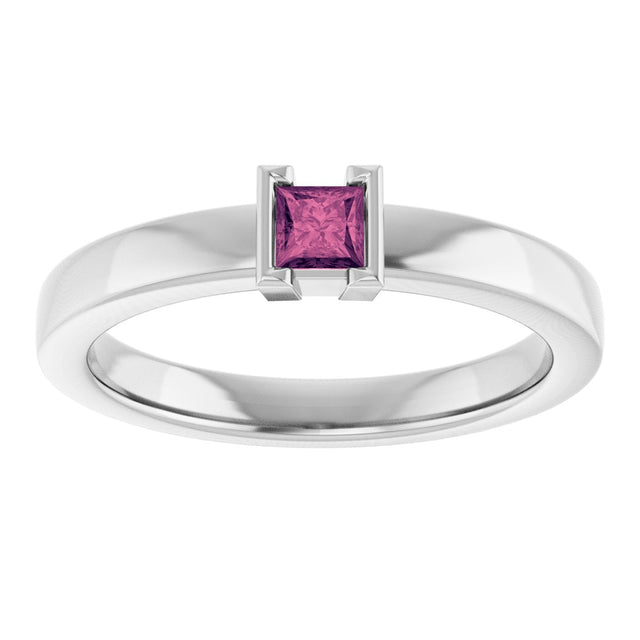 14K Gold Emerald Natural Pink Tourmaline Half-Bezel Family Stackable Ring - White Gold - view 3