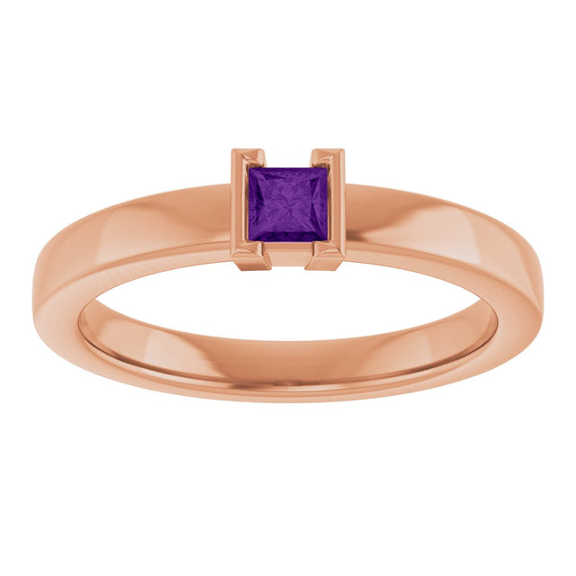 14K Gold Emerald Natural Amethyst Half-Bezel Family Stackable Ring - Rose Gold - view 3