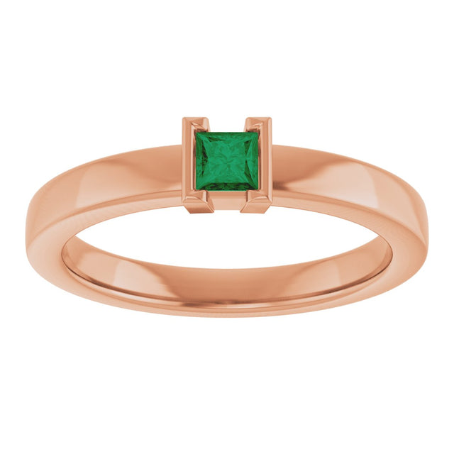 14K Gold Emerald Lab-Grown Emerald Half-Bezel Family Stackable Ring - Rose Gold - view 3