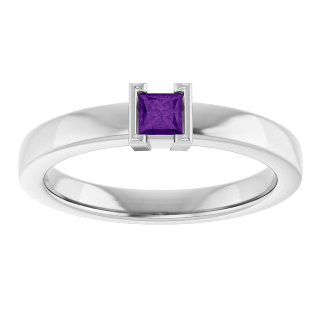 14K Gold Emerald Natural Amethyst Half-Bezel Family Stackable Ring - White Gold - view 3