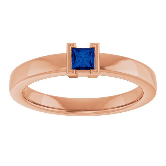 14K Gold Emerald Lab-Grown Blue Sapphire Half-Bezel Family Stackable Ring - Rose Gold - view 3