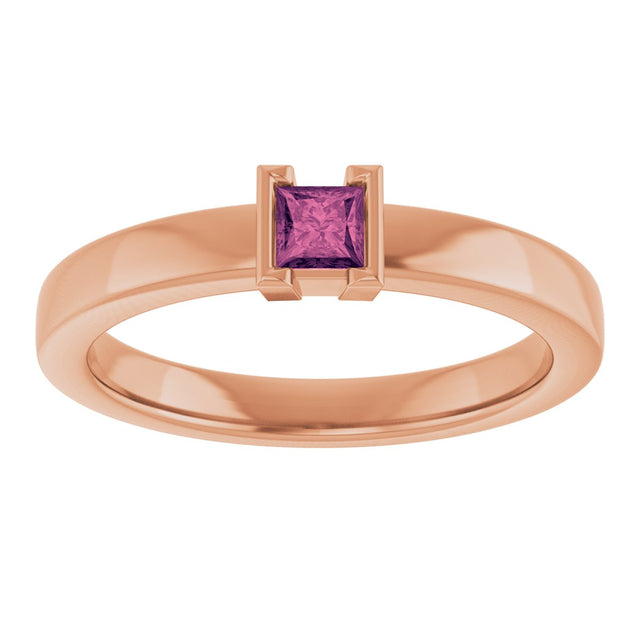 14K Gold Emerald Natural Pink Tourmaline Half-Bezel Family Stackable Ring - Rose Gold - view 3
