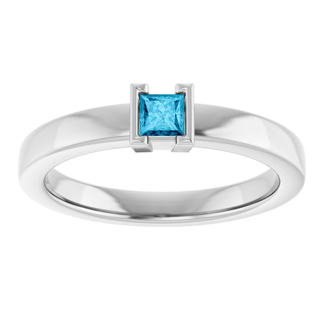 14K Gold Emerald Natural Aquamarine Half-Bezel Family Stackable Ring - White Gold - view 3
