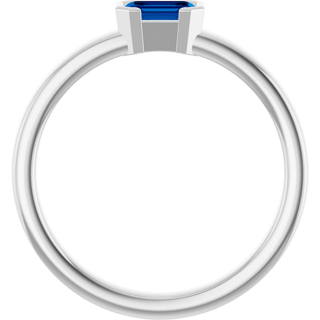 14K Gold Emerald Lab-Grown Blue Sapphire Half-Bezel Family Stackable Ring - White Gold - view 2