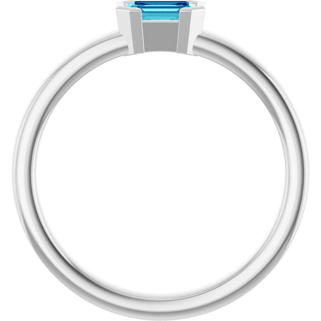 14K Gold Emerald Natural Blue Zircon Half-Bezel Family Stackable Ring - White Gold - view 2