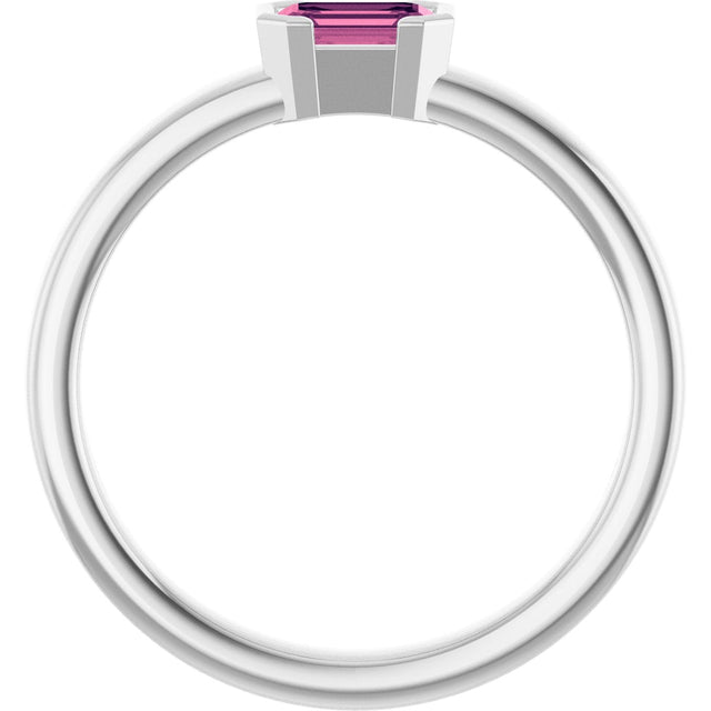 14K Gold Emerald Natural Pink Tourmaline Half-Bezel Family Stackable Ring - White Gold - view 2