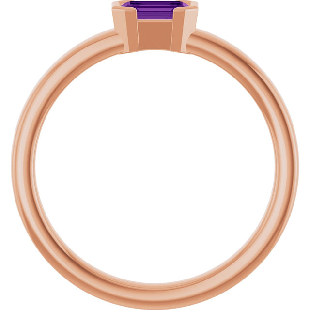 14K Gold Emerald Natural Amethyst Half-Bezel Family Stackable Ring - Rose Gold - view 2