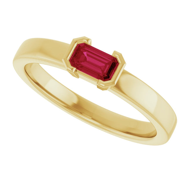 14K Gold Emerald Lab-Grown Ruby Half-Bezel Family Stackable Ring - Yellow Gold - view 5