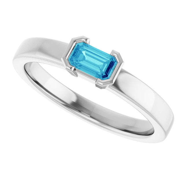 14K Gold Emerald Natural Blue Zircon Half-Bezel Family Stackable Ring - White Gold - view 5