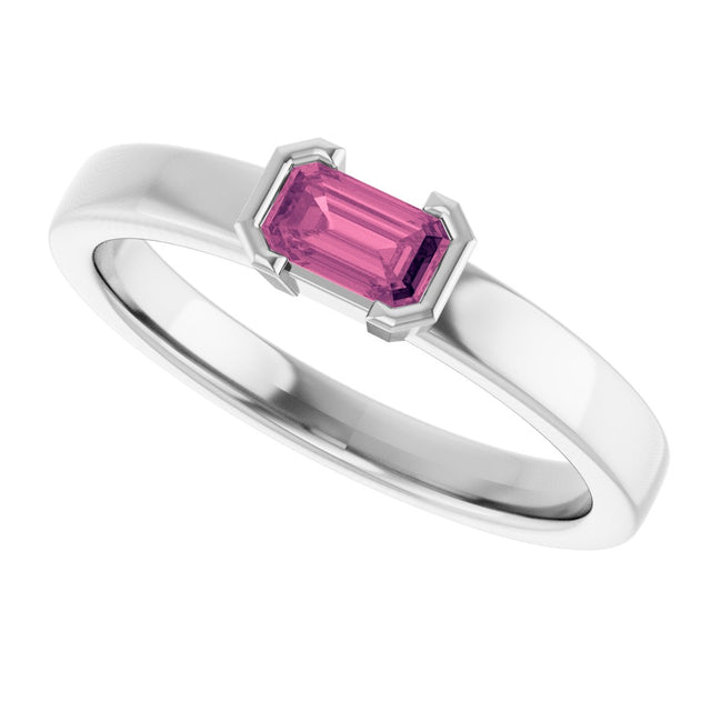 14K Gold Emerald Natural Pink Tourmaline Half-Bezel Family Stackable Ring - White Gold - view 5