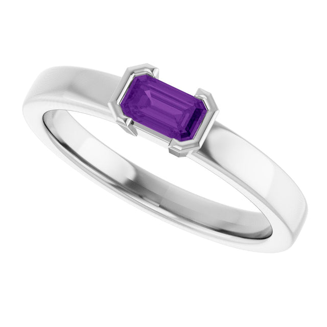 14K Gold Emerald Natural Amethyst Half-Bezel Family Stackable Ring - White Gold - view 5