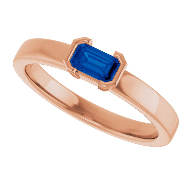 14K Gold Emerald Lab-Grown Blue Sapphire Half-Bezel Family Stackable Ring - Rose Gold - view 5