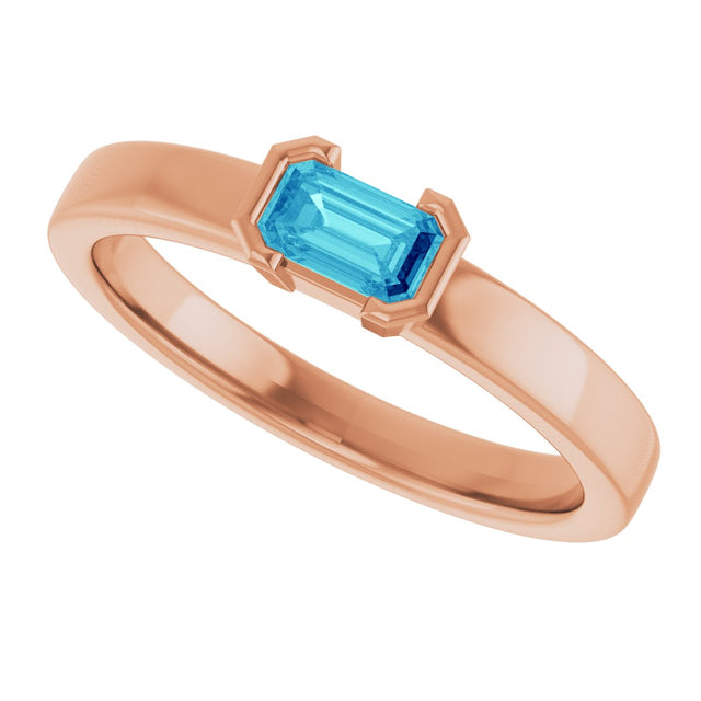 14K Gold Emerald Natural Blue Zircon Half-Bezel Family Stackable Ring - Rose Gold - view 5