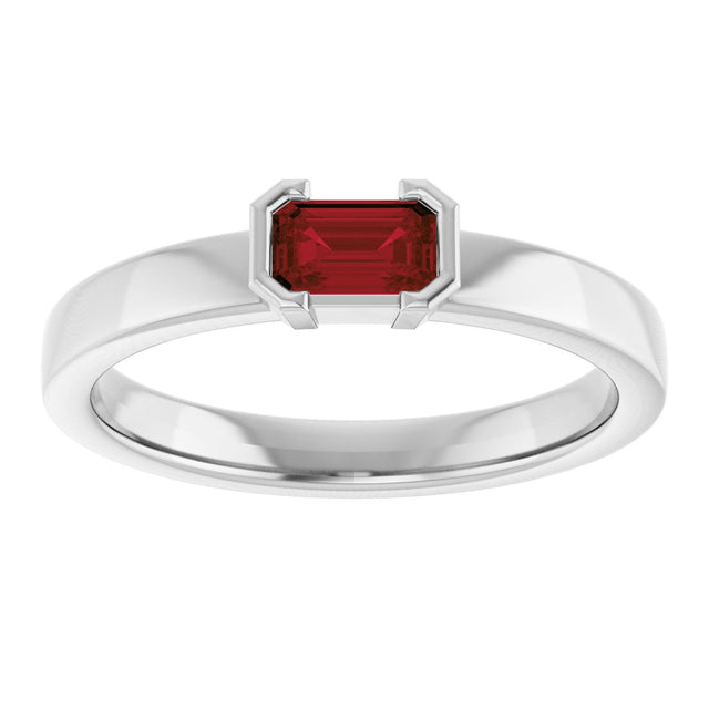 14K Gold Emerald Natural Mozambique Garnet Half-Bezel Family Stackable Ring - White Gold - view 3