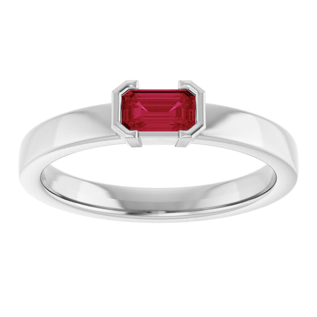 14K Gold Emerald Lab-Grown Ruby Half-Bezel Family Stackable Ring - White Gold - view 3