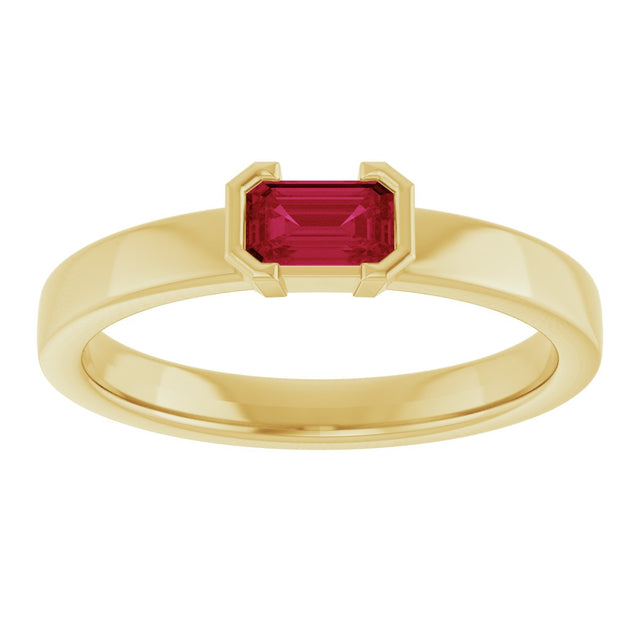 14K Gold Emerald Lab-Grown Ruby Half-Bezel Family Stackable Ring - Yellow Gold - view 3