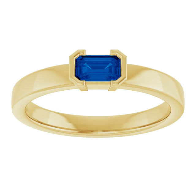 14K Gold Emerald Lab-Grown Blue Sapphire Half-Bezel Family Stackable Ring - Yellow Gold - view 3