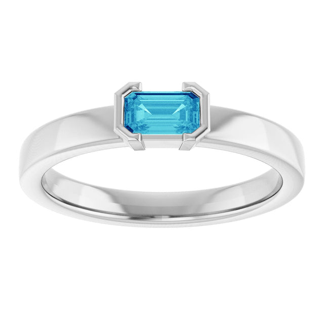 14K Gold Emerald Natural Blue Zircon Half-Bezel Family Stackable Ring - White Gold - view 3
