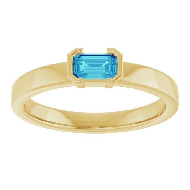 14K Gold Emerald Natural Blue Zircon Half-Bezel Family Stackable Ring - Yellow Gold - view 3